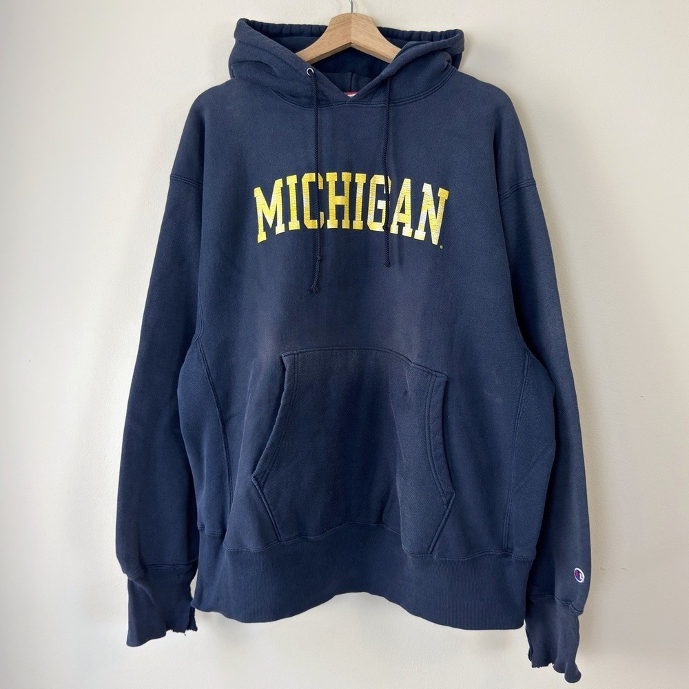 Vintage Champion Reverse Weave Faded University of Michigan Navy Blue Hoodie